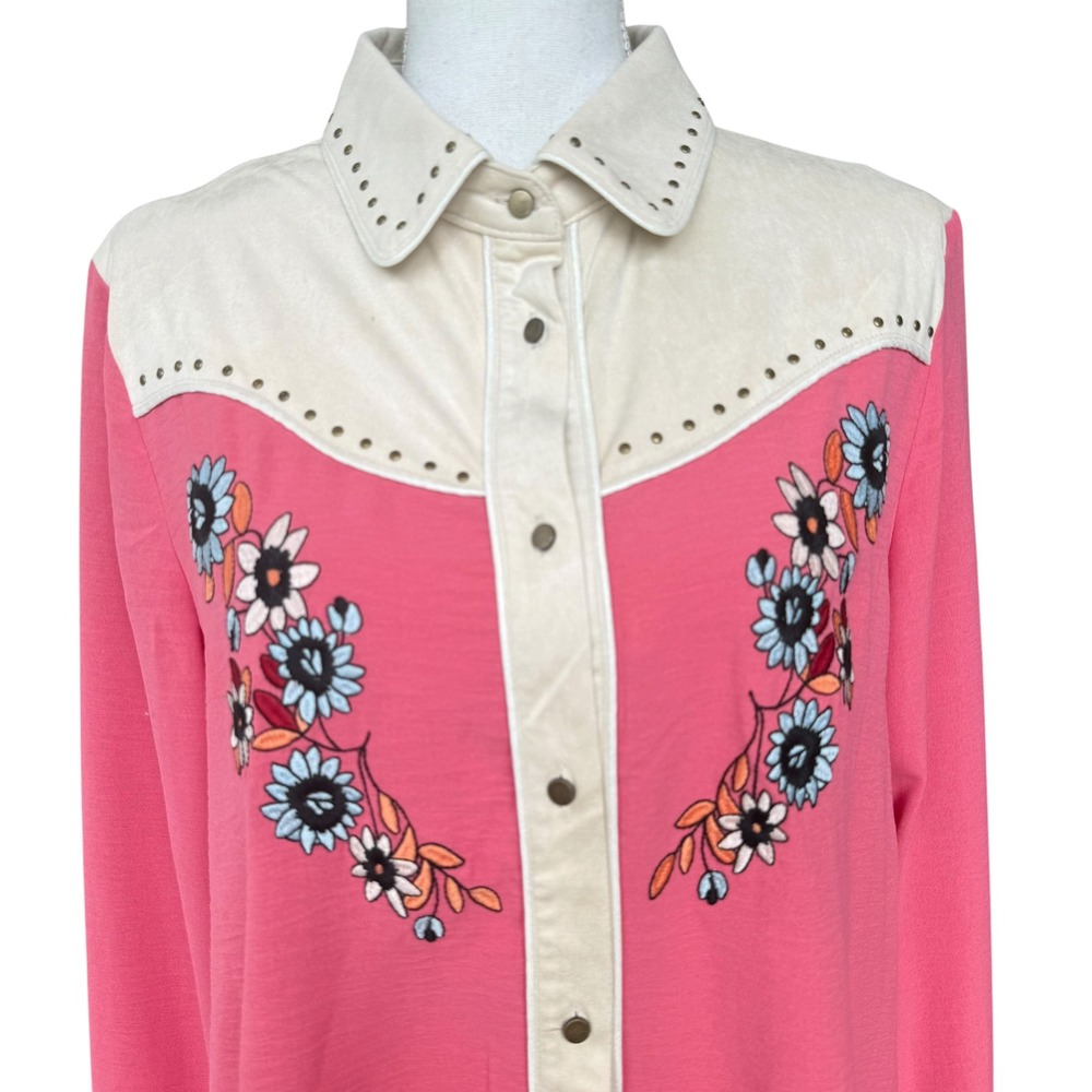 John Moon Texas Pink Western Shirt Floral Embroidery Fringe Studded XL Handmade - Picture 4 of 14